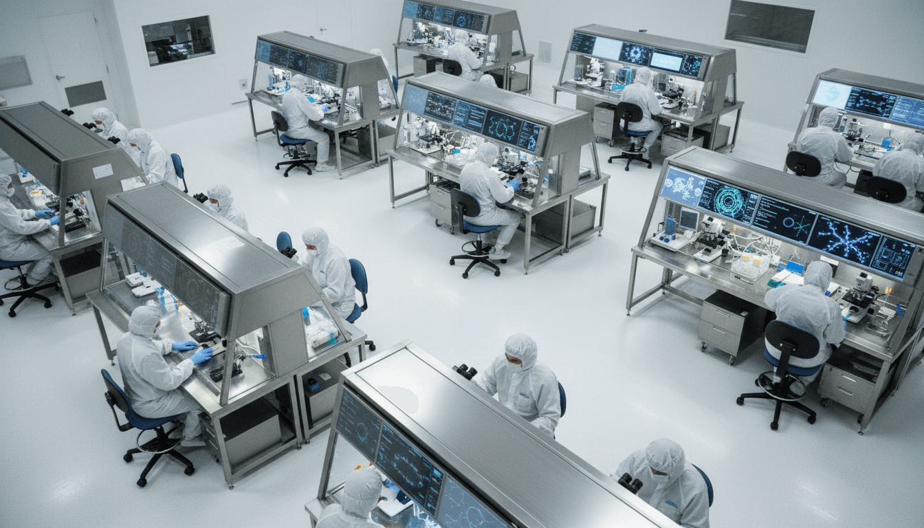 Aerial view of a complex laboratory setting with scientists working on microscopic analysis, highlighting the research into leukemia stem cells.
