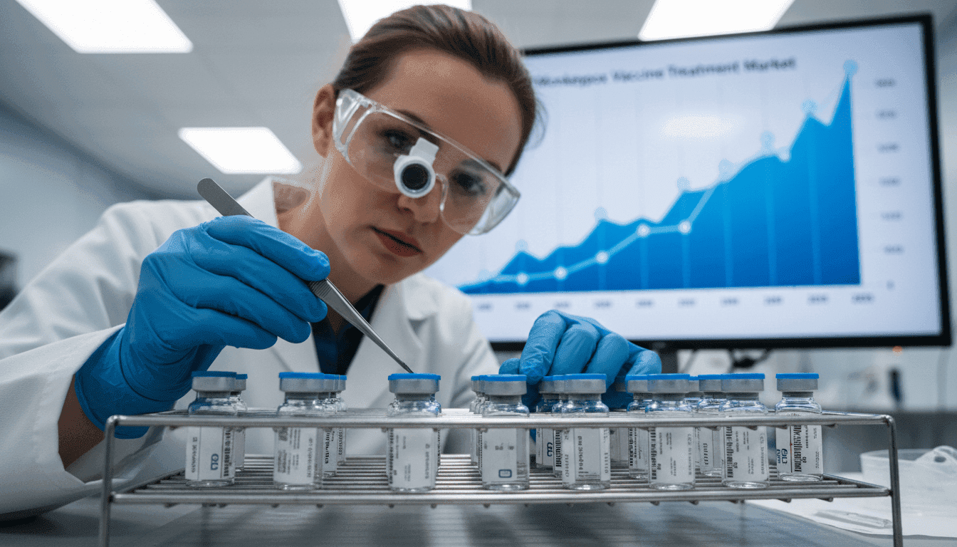A scientist in a lab coat examines vials of Monkeypox Vaccine Treatment in a research facility, with charts and data projections on a screen in the background.