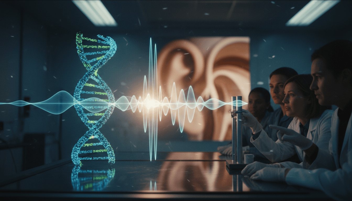 A stylized DNA helix intertwines with sound waves, symbolizing the impact of gene therapy for genetic hearing loss on auditory function.