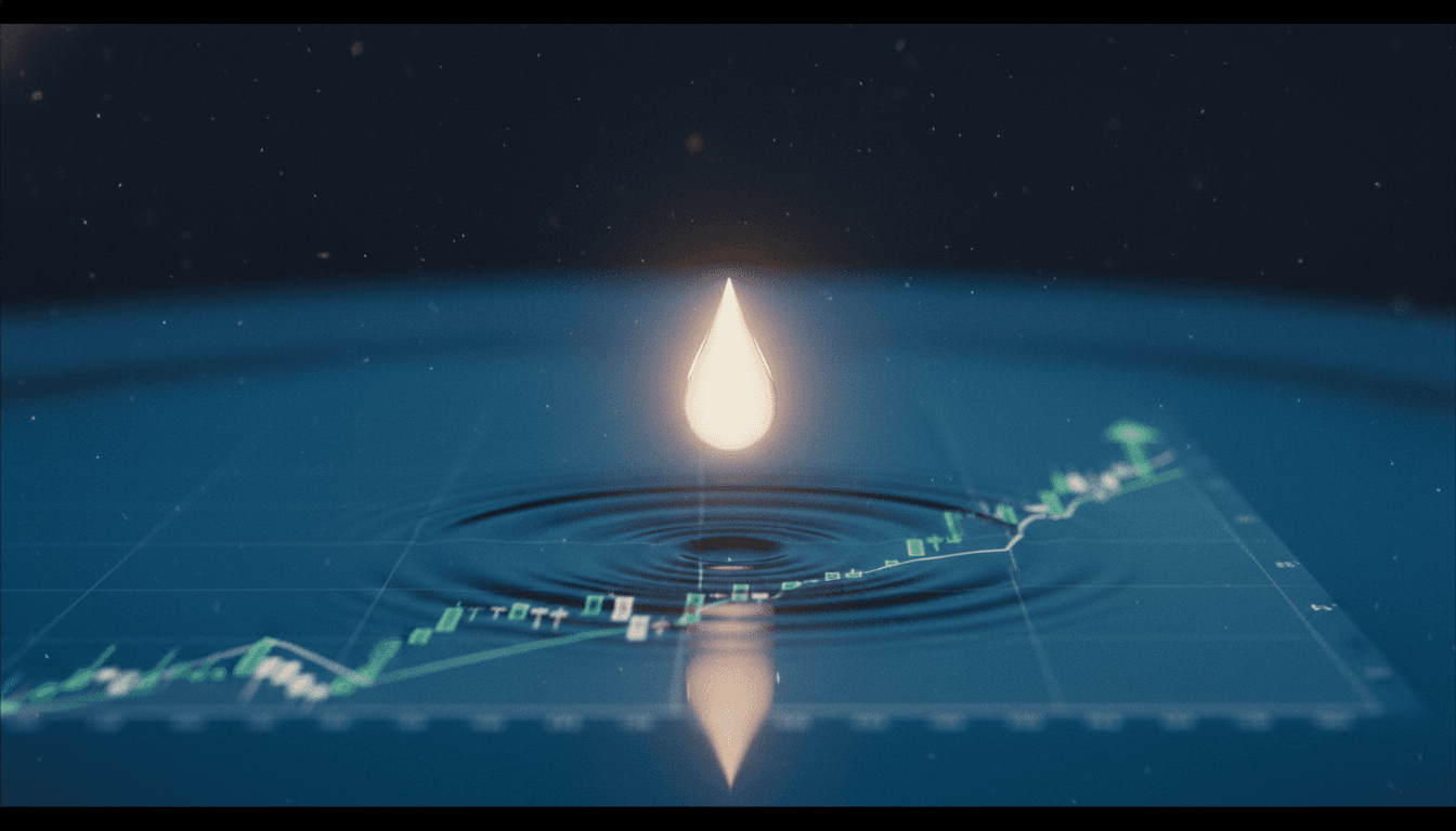 A stylized image depicting a single, luminous eye drop falling into a calm, reflective pool, symbolizing the impact of Gland Pharma glaucoma drug approval.
