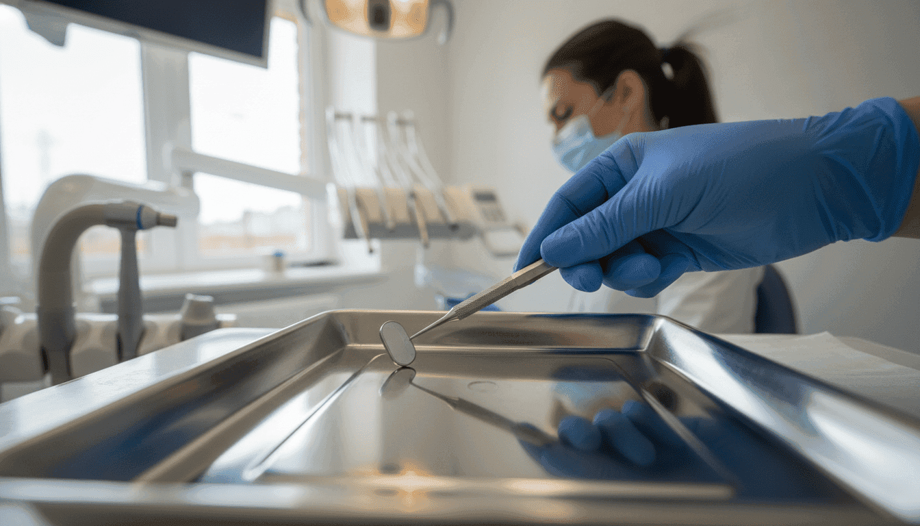 A dental professional in scrubs and gloves carefully inspecting a tray of sterilized dental instruments, emphasizing the critical need for proper sterilization to prevent HIV Hepatitis exposure.