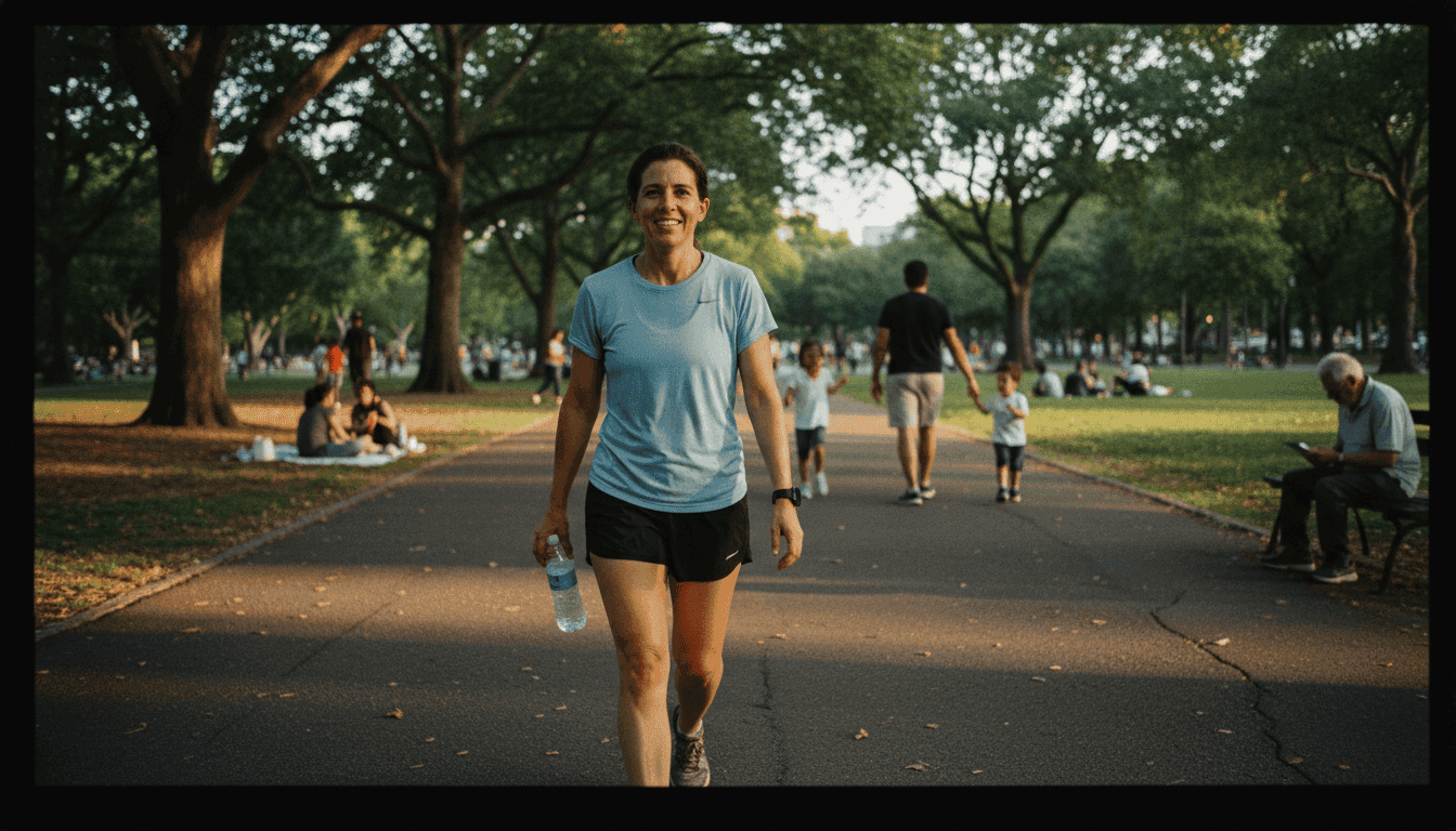 A person smiling with a post-exercise 'warm glow' increases generosity, showing contentment after a workout in a park.