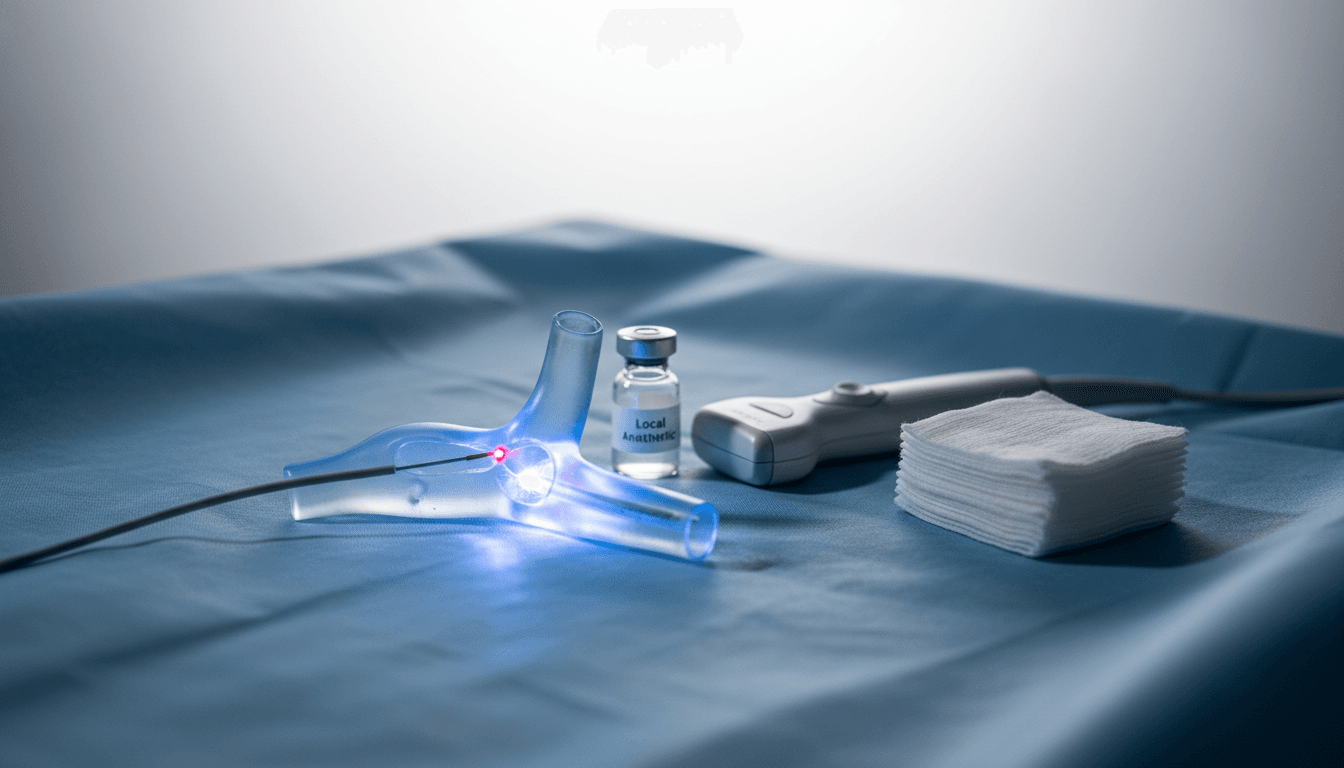 Close-up of a patient's leg undergoing minimally invasive vein procedures, with medical instruments and a laser device visible.