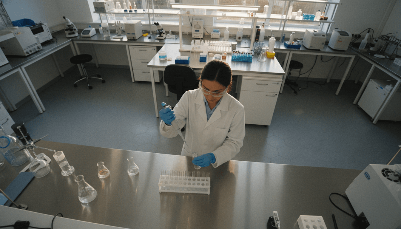 A close-up shot of a scientist in a lab coat carefully pipetting a liquid into a test tube, symbolizing the development of a new HIV treatment.