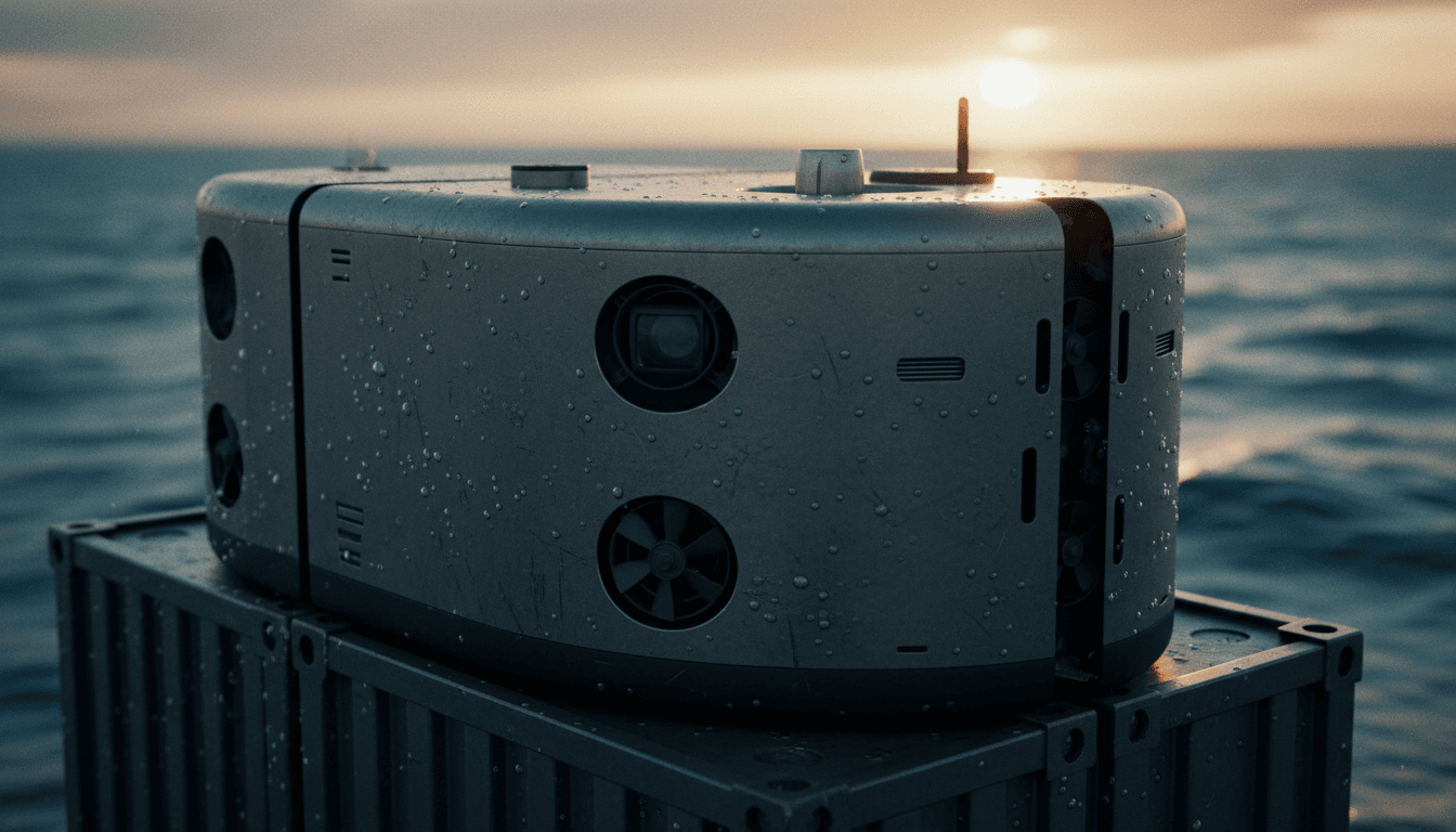 A sleek, torpedo-shaped autonomous seafloor submersible glides silently through the deep ocean, its sensors illuminated, exploring the rocky seabed.