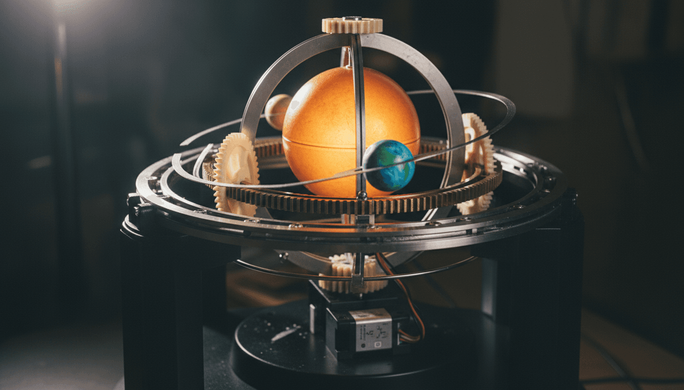 A meticulously crafted 3D printed orrery showcasing planets orbiting the Sun, driven by a single motor.