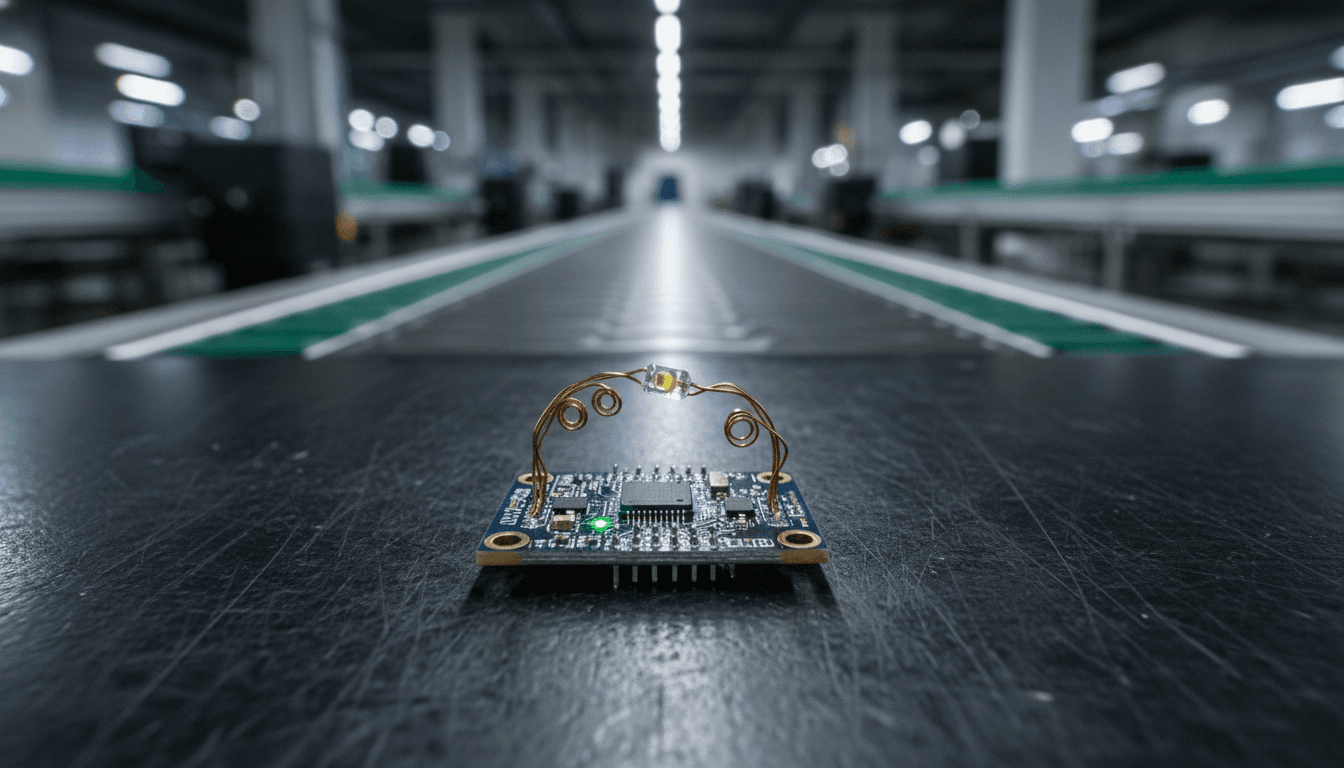 Close-up of a small ESP32 microcontroller board with an IR LED connected, symbolizing DIY IR device control.