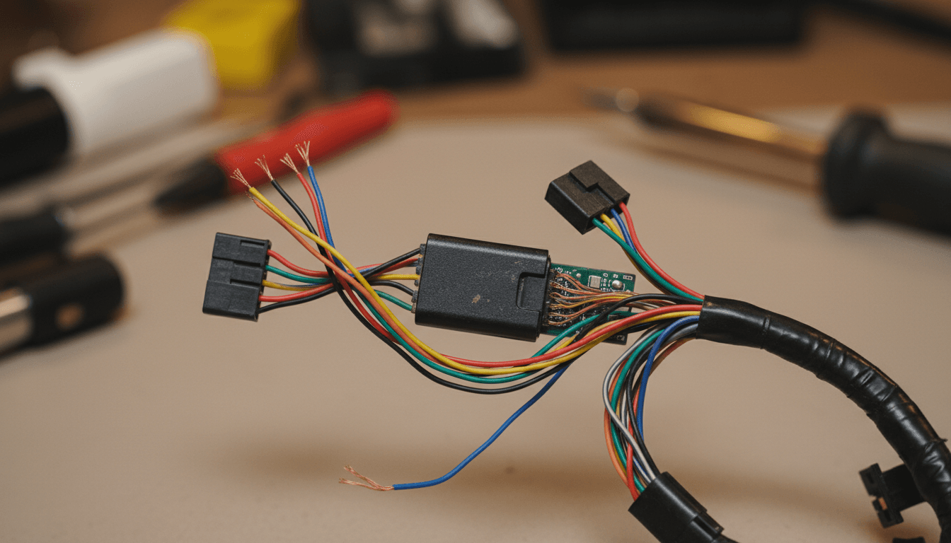 Close-up of a cheap C-Media USB audio device connected to automotive wiring, symbolizing the low-cost auto diagnostics TDR solution.