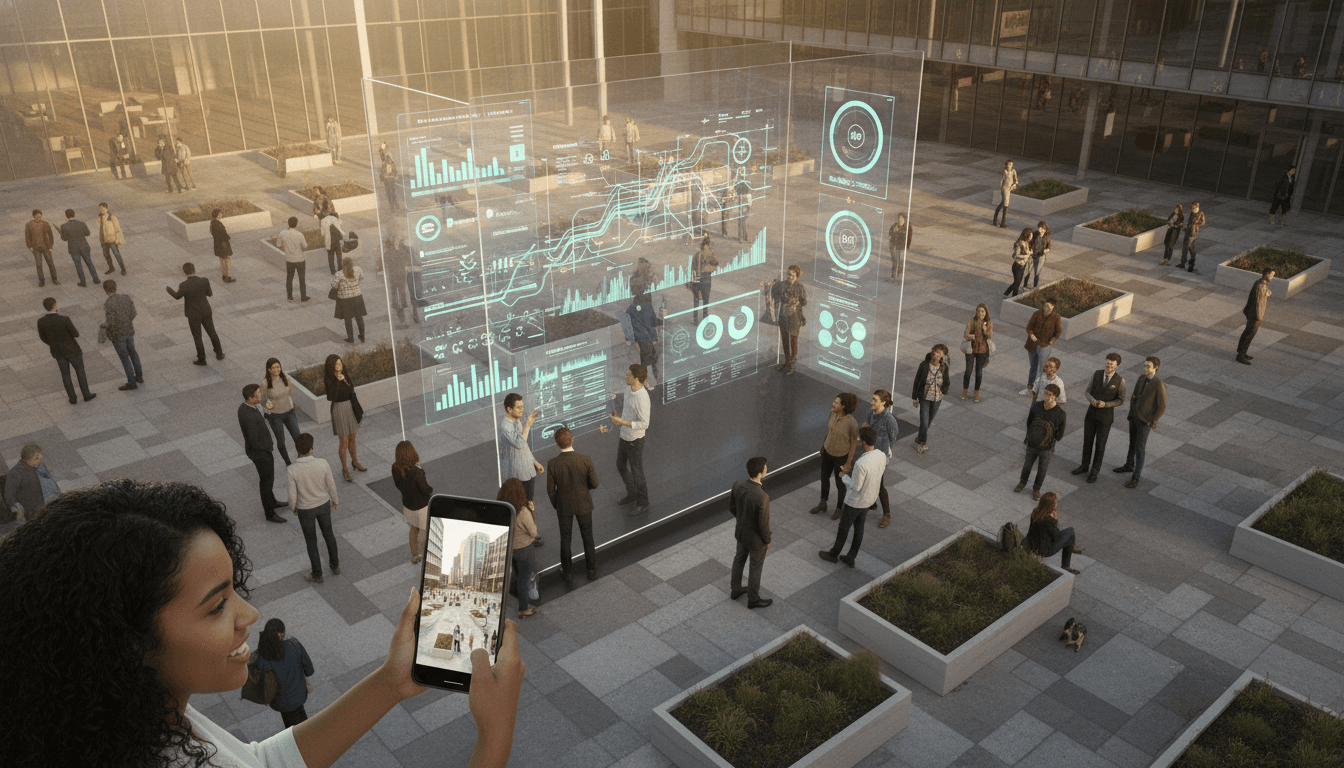 A diverse group of citizens engaging with interactive digital displays, symbolizing how AI strengthens democracy through enhanced participation.