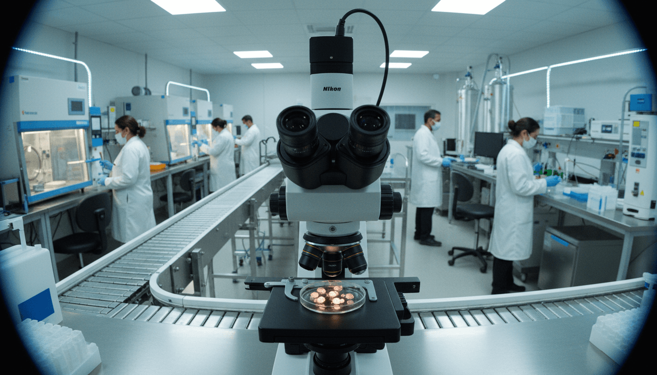 Microscope focused on a petri dish containing embryos, symbolizing the ongoing IVF innovation surges.