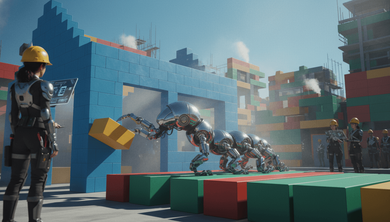 A robot inchworm builds homes using large, interlocking modular bricks on a construction site.