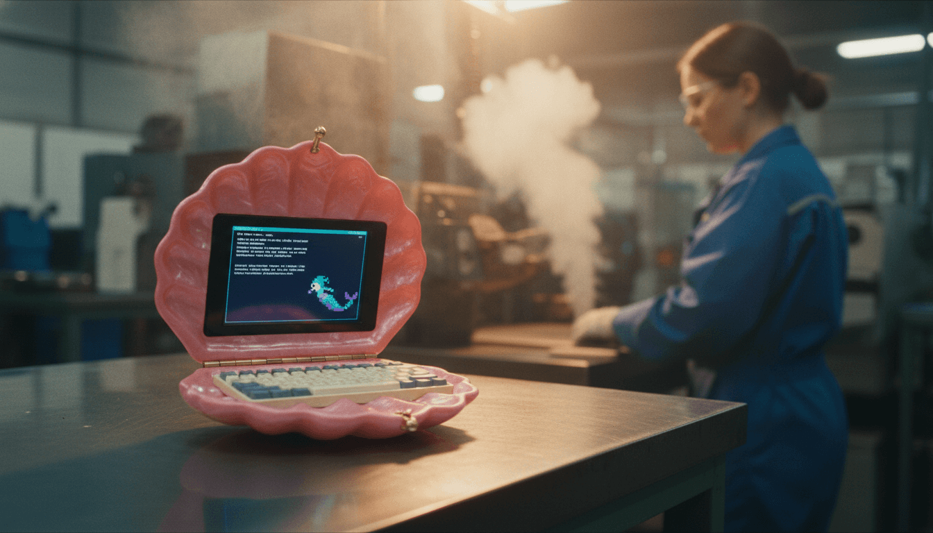 A close-up of a pink, seashell-shaped Mermaid Clutch-Purse Cyberdeck, open to reveal a small white keyboard, a 3.5-inch touchscreen displaying a custom terminal UI with a mermaid digital pet, and delicate hinges.