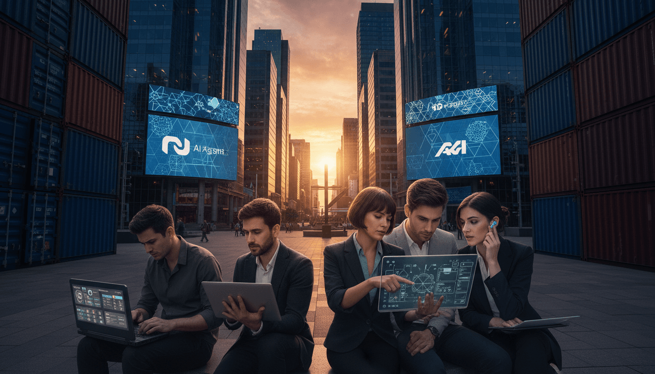 A candid street-level shot showing a diverse group of professionals using various AI-powered devices in a bustling modern city square, reflecting the 'three AI trends to watch'.