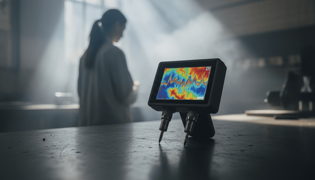 A close-up view of a device to map magnetic fields, showing its ESP32 touchscreen displaying a real-time color heatmap of magnetic variations.