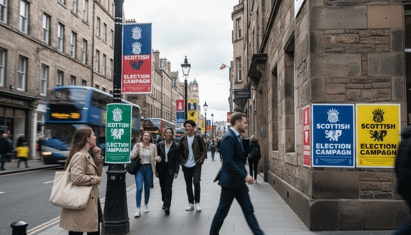 A street-level view of a bustling high street in a Scottish city, with election posters for the Scottish election campaign visible on lampposts and in shop windows, featuring diverse candidates and party logos. Pedestrians walk by, some pausing to look at the posters, under a slightly overcast sky.