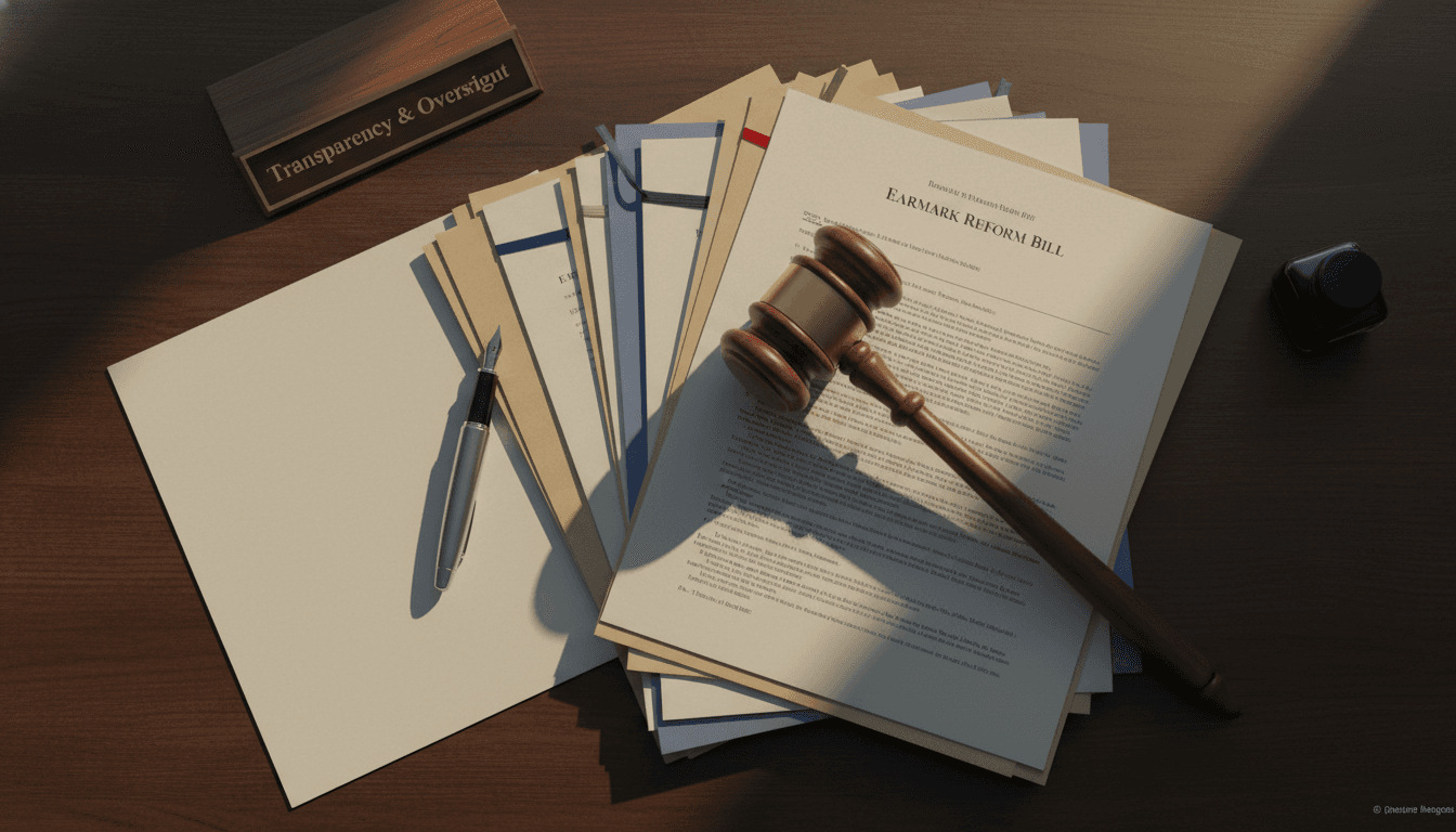 A gavel resting on a stack of legislative documents, with a pen and a small sign in the background reading 'Earmark Reform'.