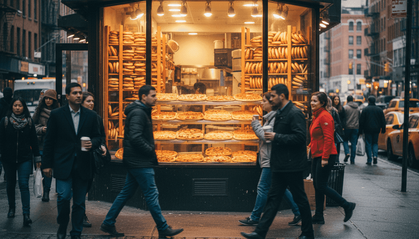 A street-level candid shot of a New York City pizzeria window, showcasing a display of freshly baked pizzas and bagels, with a 'Now Open' sign. The focus keyphrase 'ban food additive' is subtly implied by the context of food items.