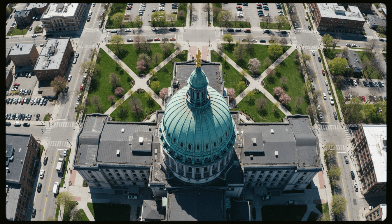 Aerial view of the Michigan State Capitol building, symbolizing the political landscape where Greene wins Michigan Senate special election.
