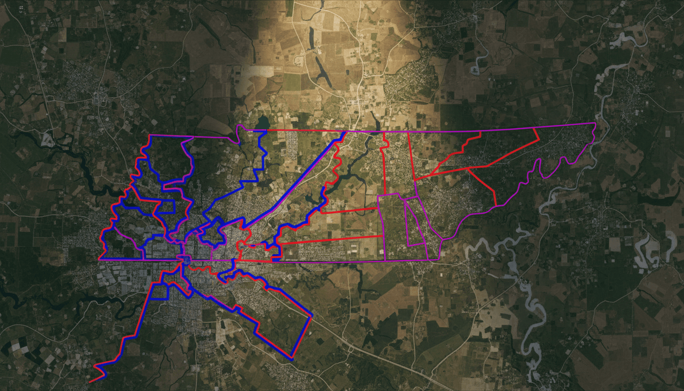 An aerial view of the redrawn electoral map of Tennessee, specifically highlighting the fragmented lines that fracture Memphis congressional district.