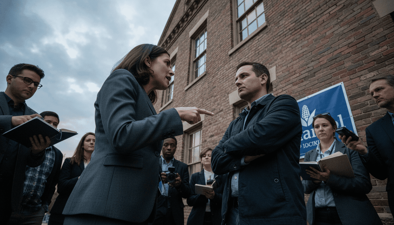 A candid, street-level shot of State Senator Sarah Wahls and progressive activist Ben Turek engaged in a heated discussion after the Iowa Democratic U.S. Senate debate, with campaign staff and reporters in the background.
