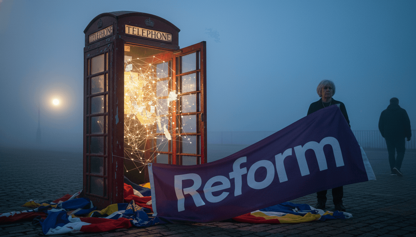 Nigel Farage, leader of the Reform Party, standing confidently before a large British flag, symbolizing the party's Reform Party victory and growing national presence.