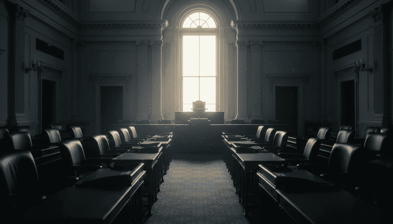A legislative chamber, empty and dimly lit, symbolizing the procedural questions surrounding Democrats say two Georgia bills were passed illegally.
