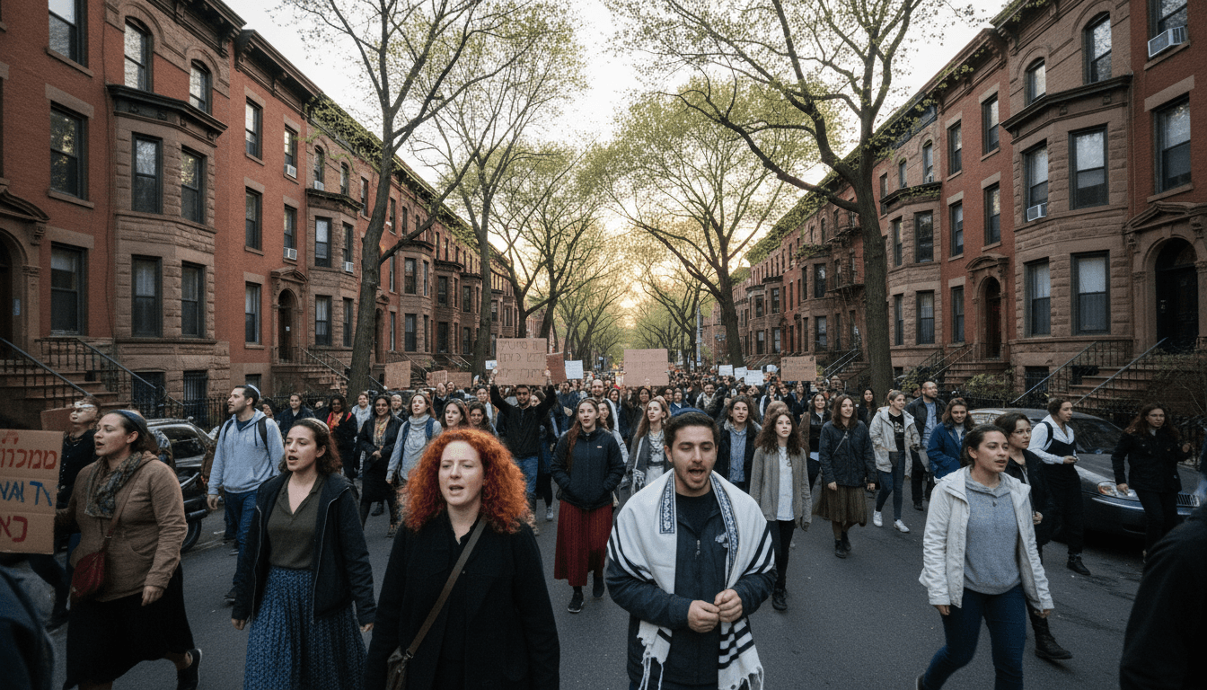 A candid, street-level photograph capturing a group of anti-Zionist protesters marching down a tree-lined street in a residential NYC Jewish neighborhood.