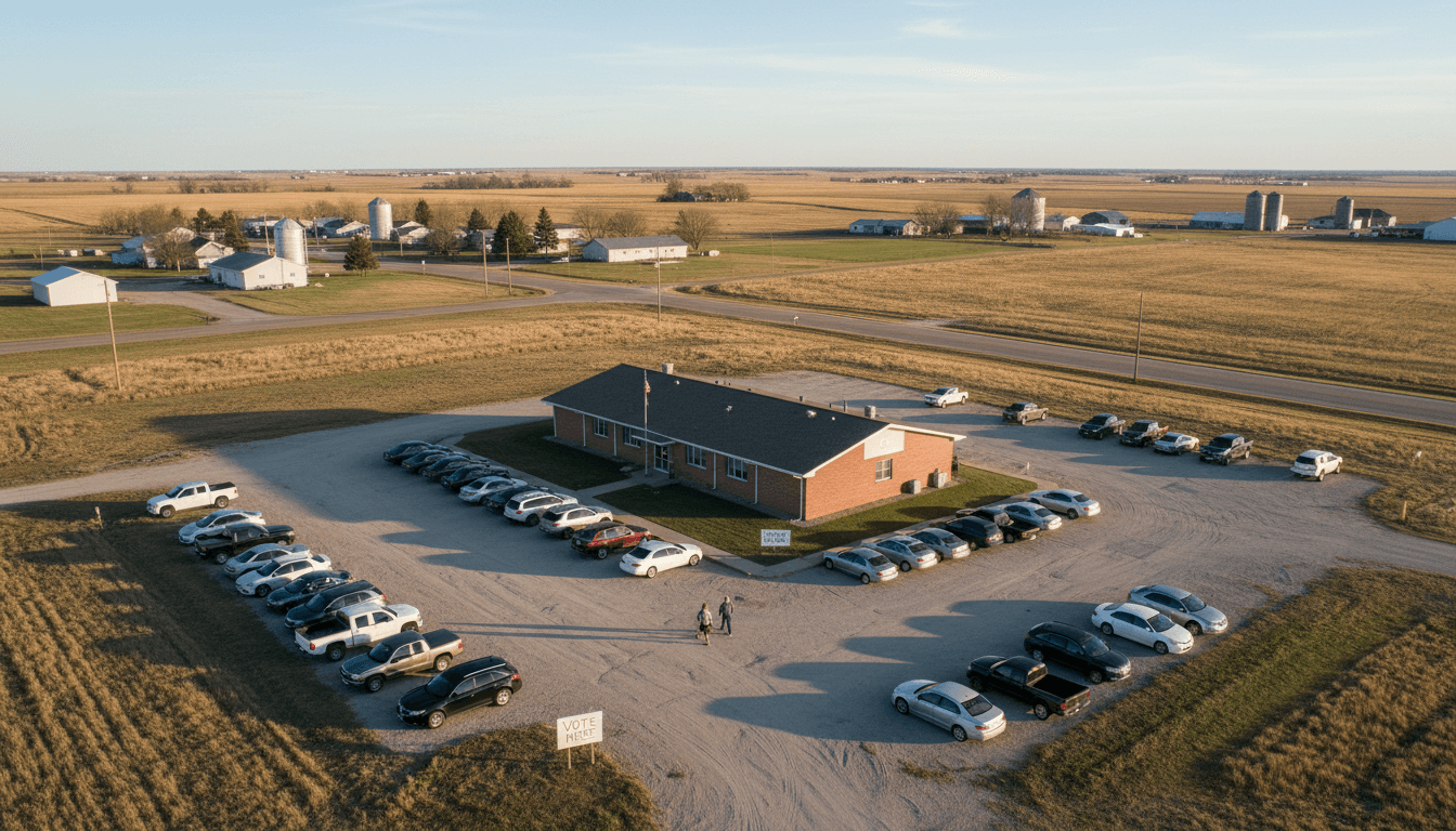 An aerial view of a Nebraska polling station with voters arriving to cast Nebraska primary ballots cast, under a clear sky.