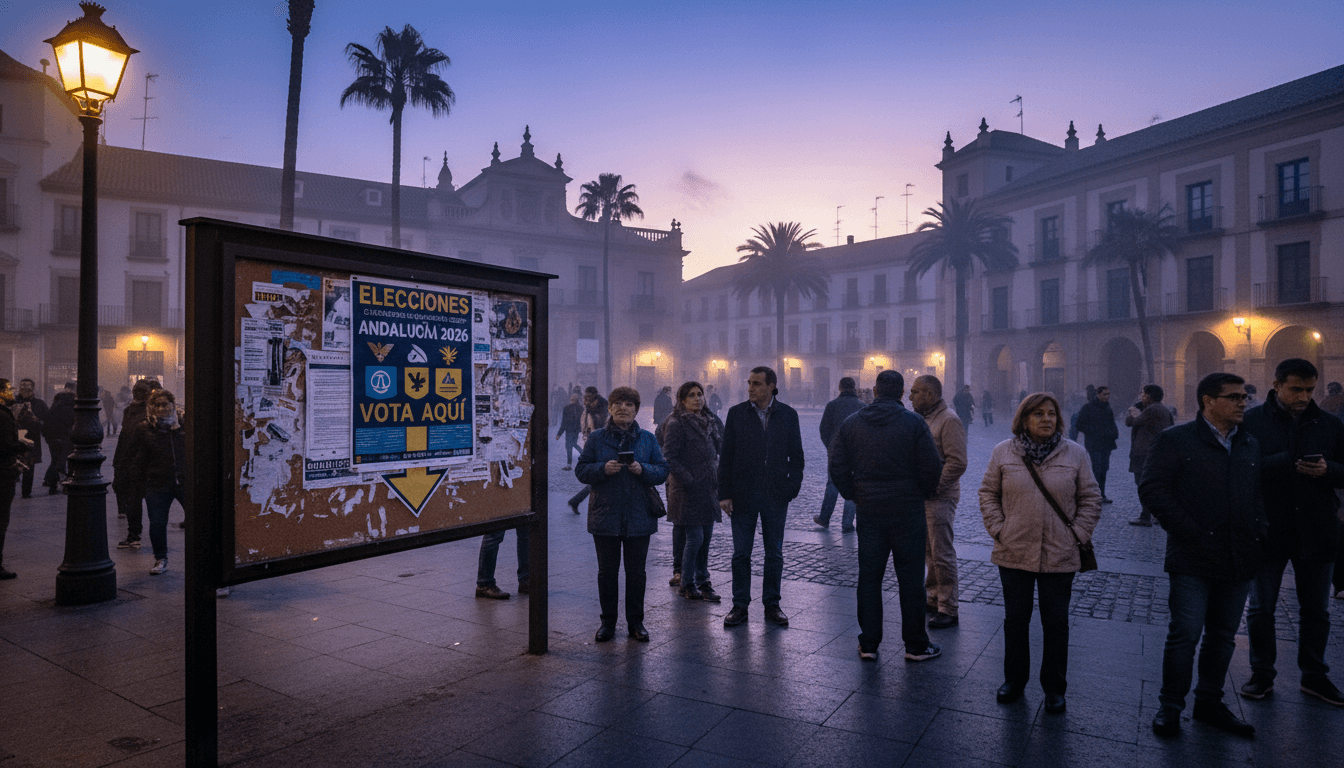 A vibrant election poster for Andalusia elections 2026 displayed prominently in a public square, with diverse crowds passing by.