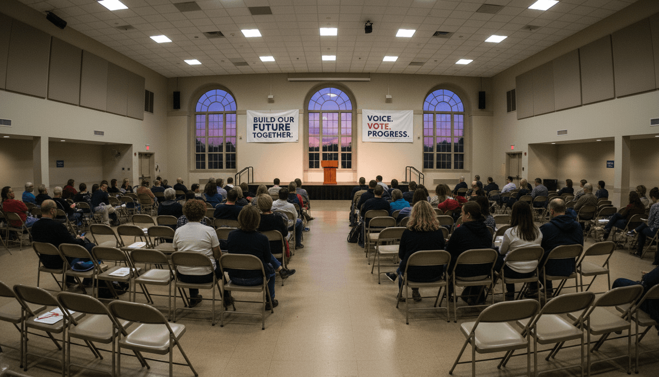 A wide shot of a community town hall event in Massachusetts's 6th Congressional District, with a diverse group of MA-6 Democratic primary voters listening intently to a speaker on stage, representing the large undecided electorate.