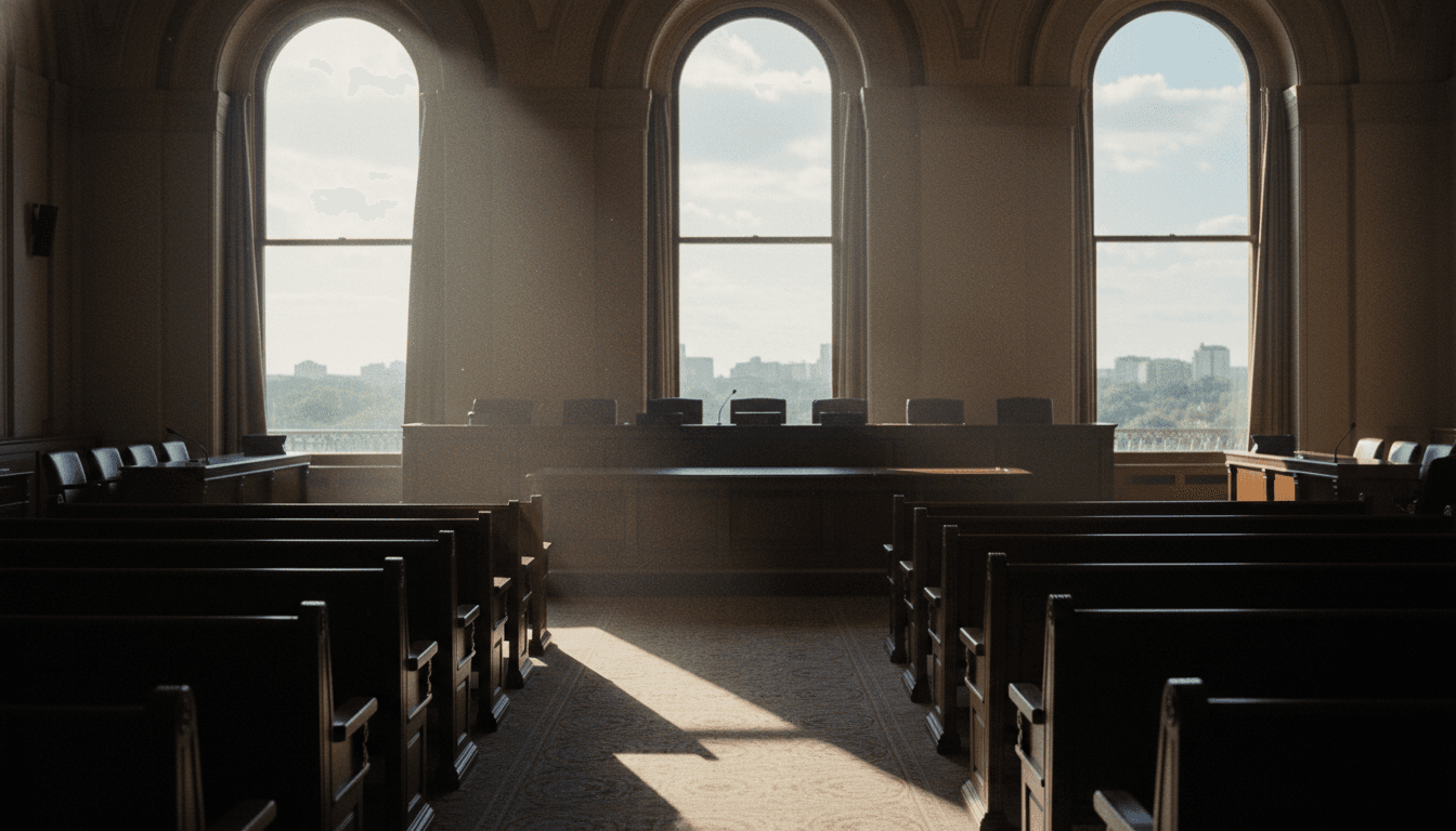 A dimly lit, empty congressional hearing room with sunlight streaming through tall windows, highlighting dust motes in the air, conveying a sense of anticipation as Congress weighs music legislation.