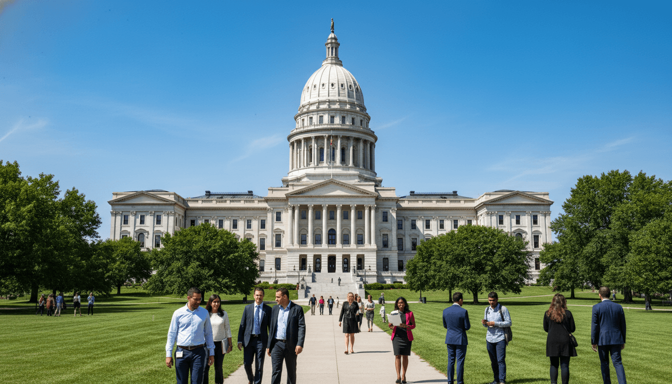 The Michigan State Capitol building under a clear sky, symbolizing the legislative battleground over Michigan election reforms.