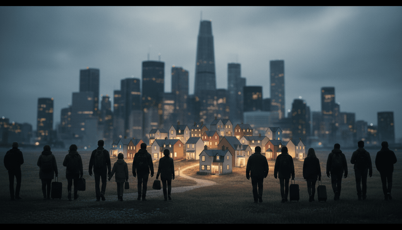 A conceptual image illustrating the Spain rental market shock with a diverse group of people moving away from a silhouette of a city skyline towards a cluster of smaller, welcoming towns in the distance.