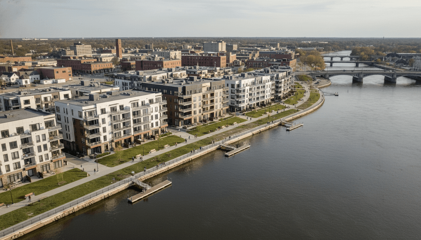 An aerial view showing a proposed De Pere housing development along a riverfront, with new modern residential buildings integrated into the urban fabric.