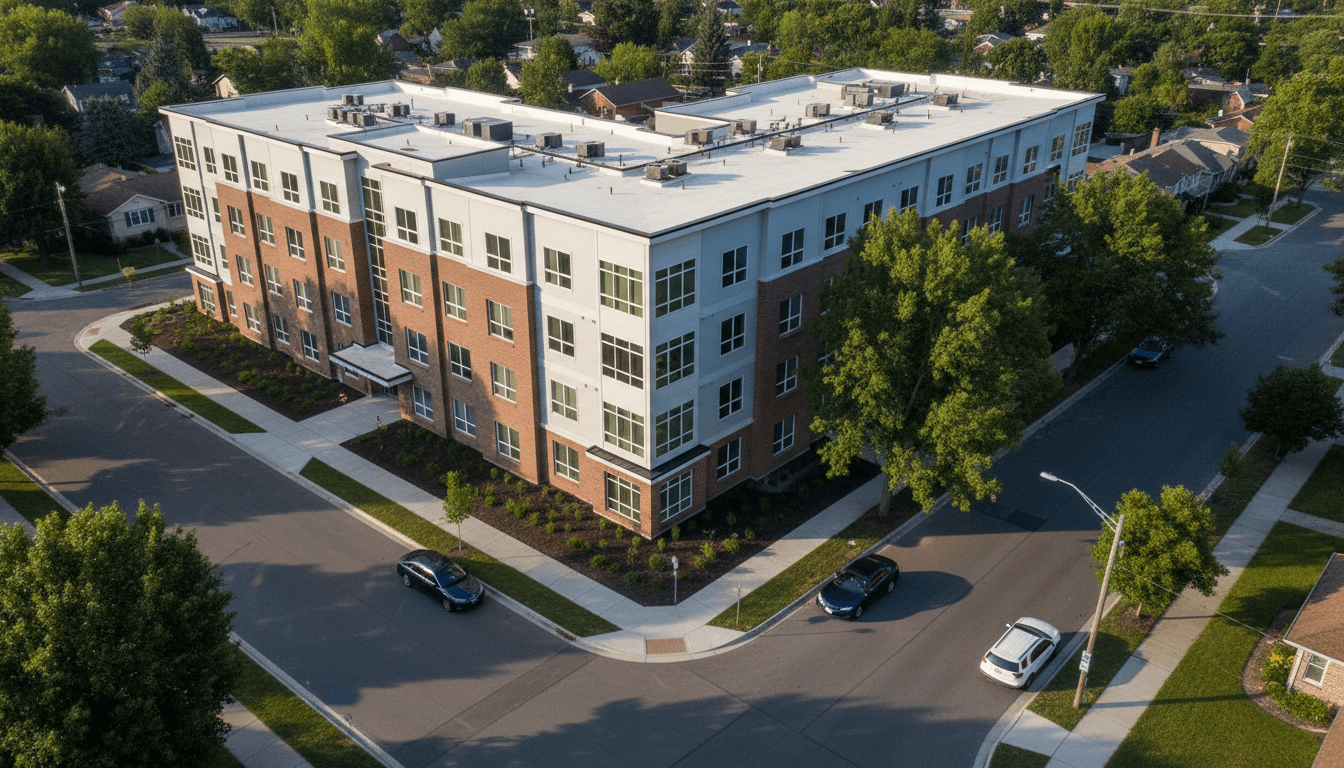 A street-level view of a new rental development where Southport expands housing, showing modern multi-story buildings.