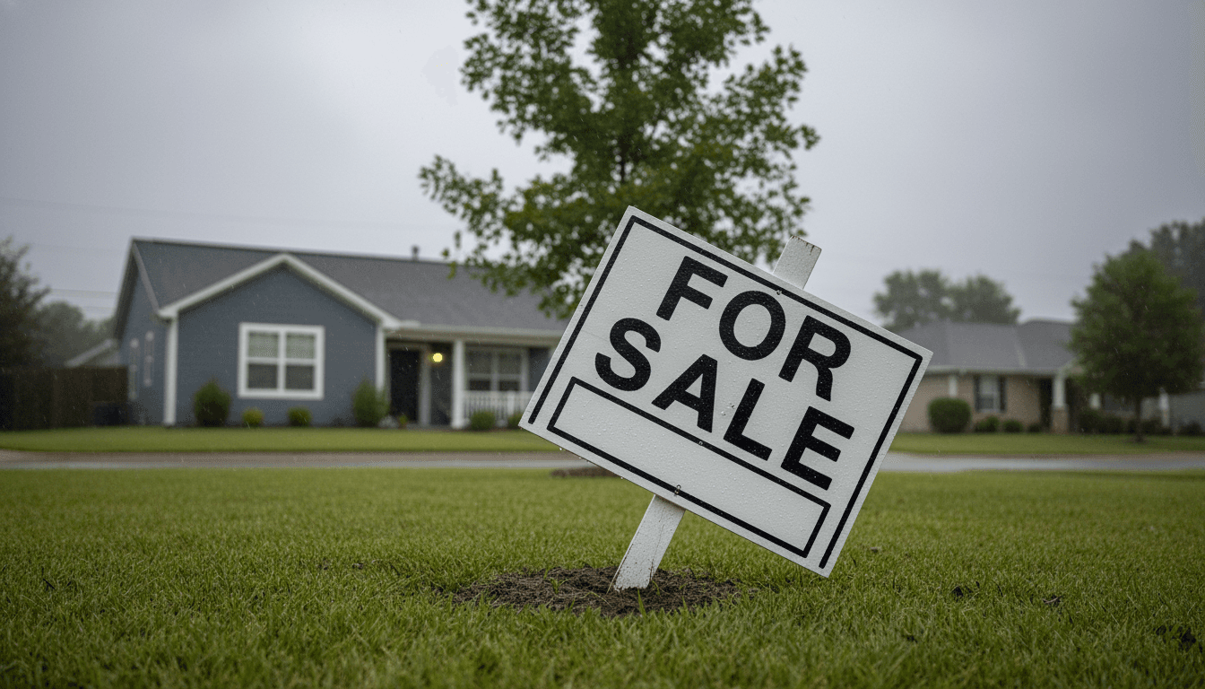 A solitary 'For Sale' sign stands under a grey, overcast sky, reflecting the somber mood of the market as mortgage rates highest in a month deter buyers.