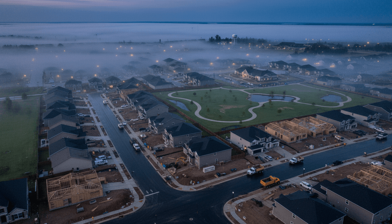 An aerial view of a sprawling new residential development with numerous homes under construction and completed, highlighting homebuilder stocks to watch.