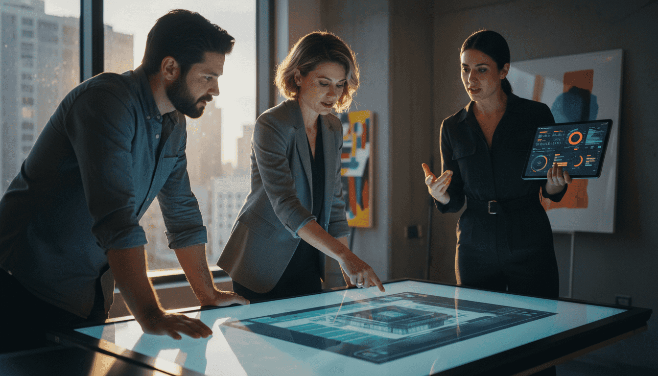 Architects and tech specialists reviewing blueprints on a tablet, showcasing a smart property development collaboration.