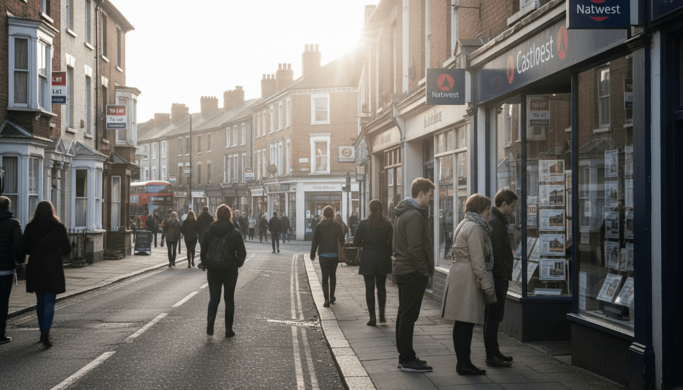 A street scene in a UK town, featuring various residential buildings and storefronts, highlighting the growing regional divergence in the rental market.