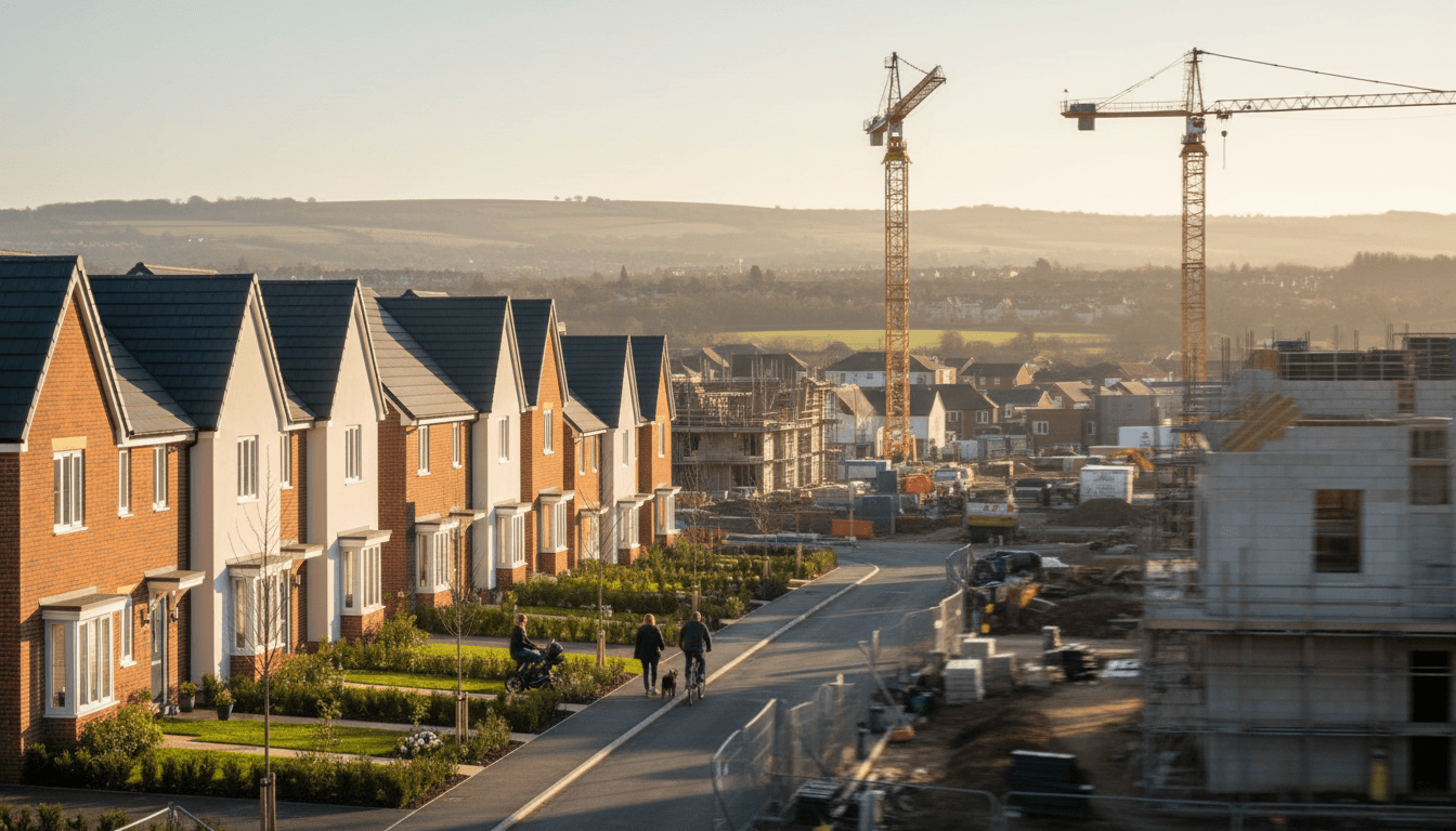 A wide, modern residential development by Barratt Developments plc, featuring a mix of detached and semi-detached homes, with construction activity visible in the background under a clear sky, symbolizing the company's strong FY2025 results.