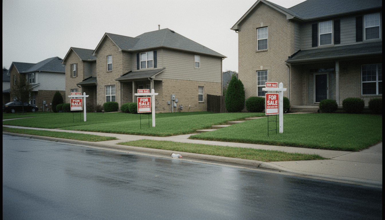 A quiet suburban street with 'For Sale' signs, conveying a sense of U.S. existing home sales flat market.
