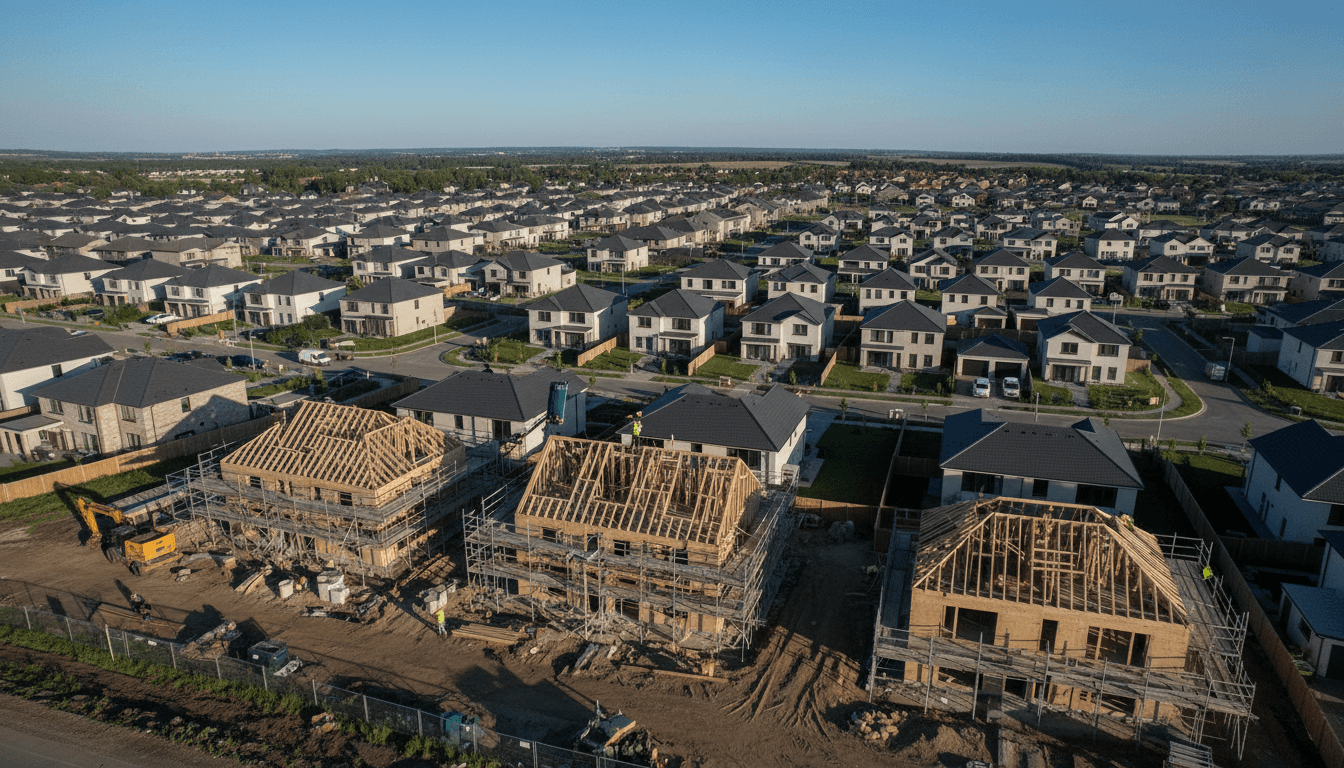 A wide shot of a new housing estate under construction, showing multiple partially built frames and new houses with the focus keyphrase 'property tax changes' relevant to the scene.