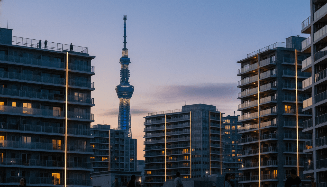 Tokyo Skytree towering over residential buildings, symbolizing the established Japanese market, while a blurred, vibrant cityscape in the foreground represents emerging Asia rental housing markets beyond Japan.