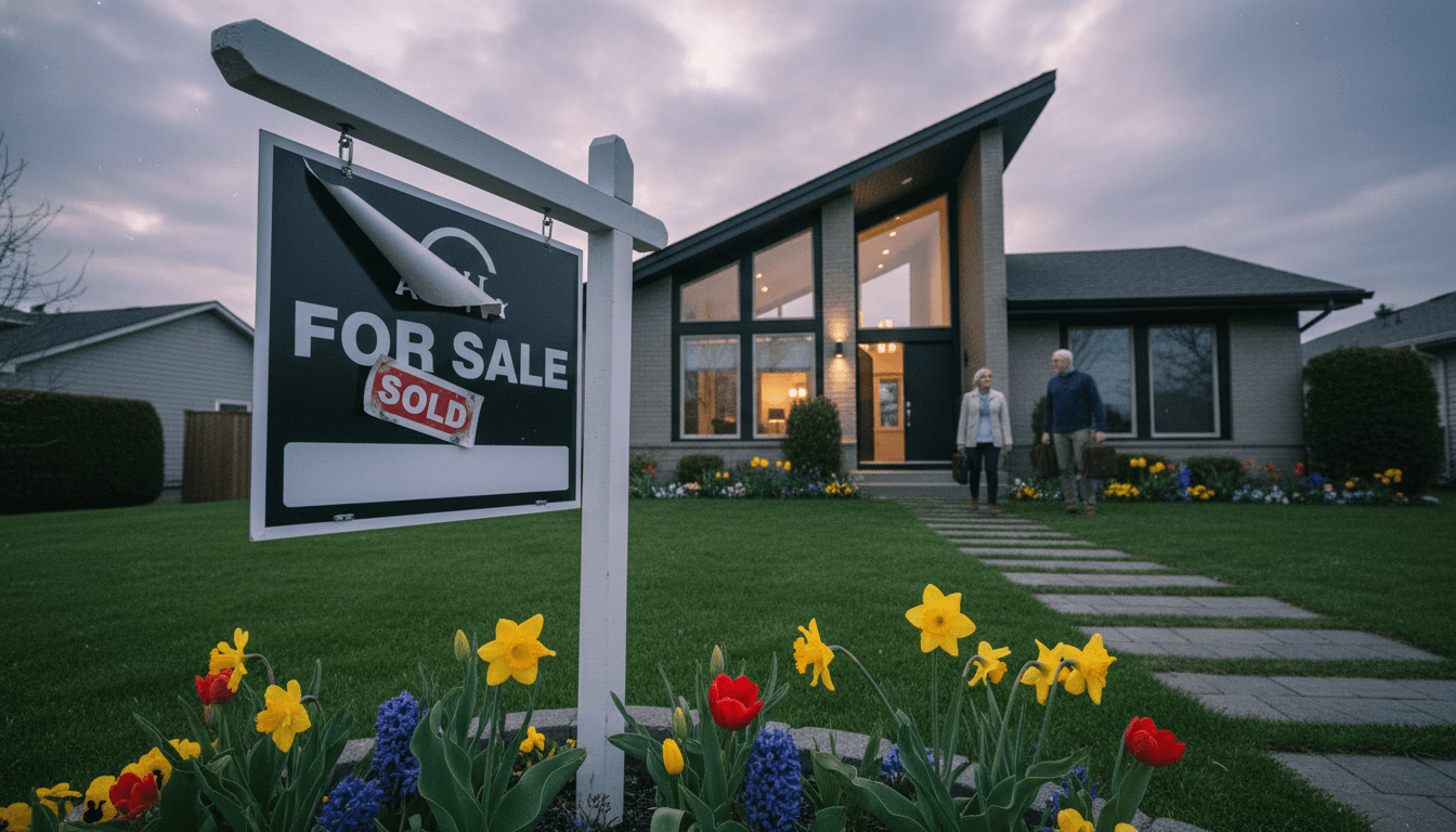 A 'For Sale' sign standing prominently in front of a modern suburban house, symbolizing rising inventory and softer home prices in the housing market.