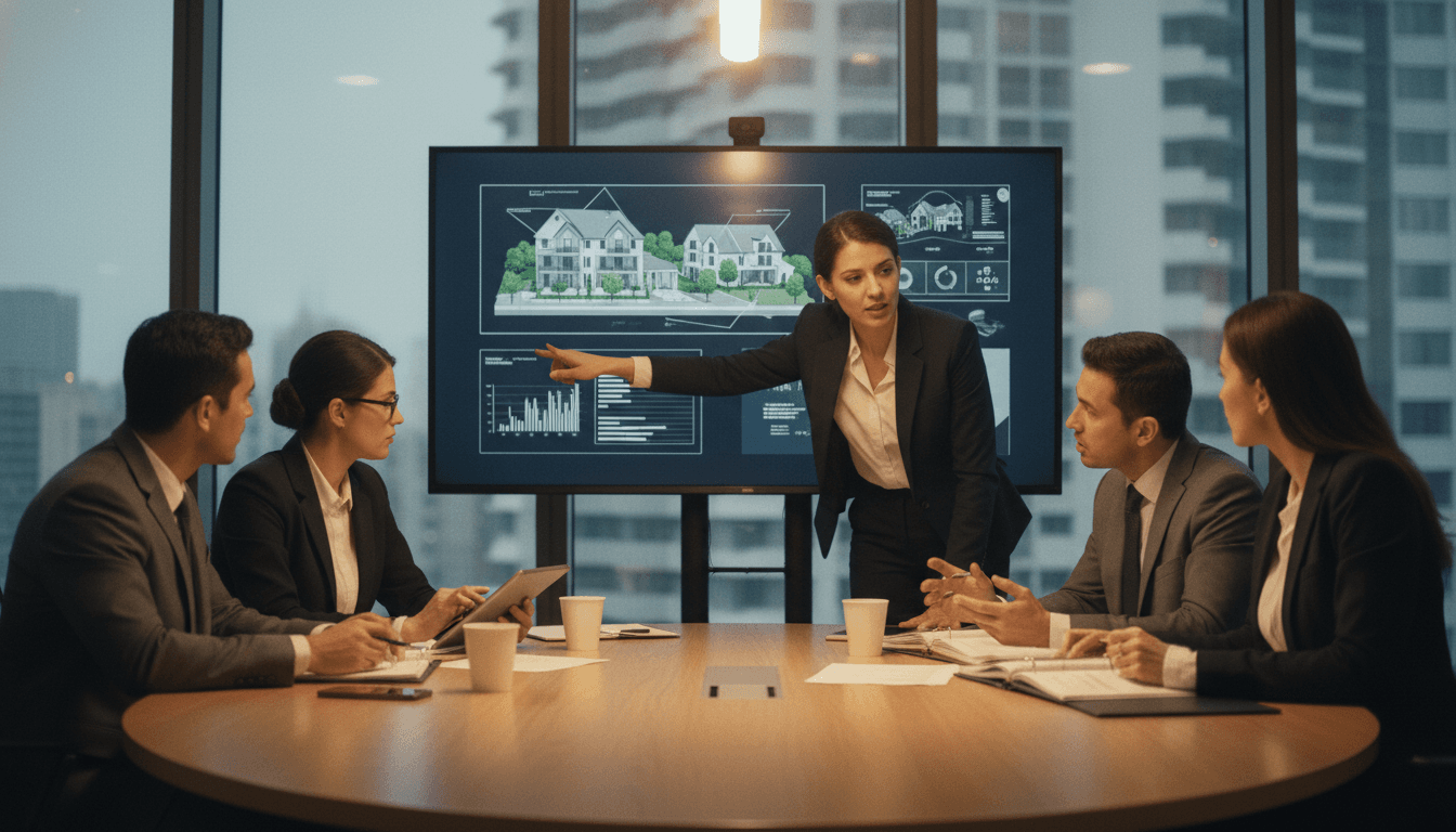 A group of professionals in a modern conference room discussing plans for More Homes Scotland, gesturing at a projected graph showing housing development trends.