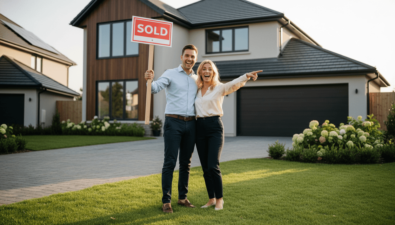 A couple, embodying first-time buyers seeking pricier homes, stands enthusiastically in front of a modern, slightly larger than average suburban house, holding a 'Sold' sign.