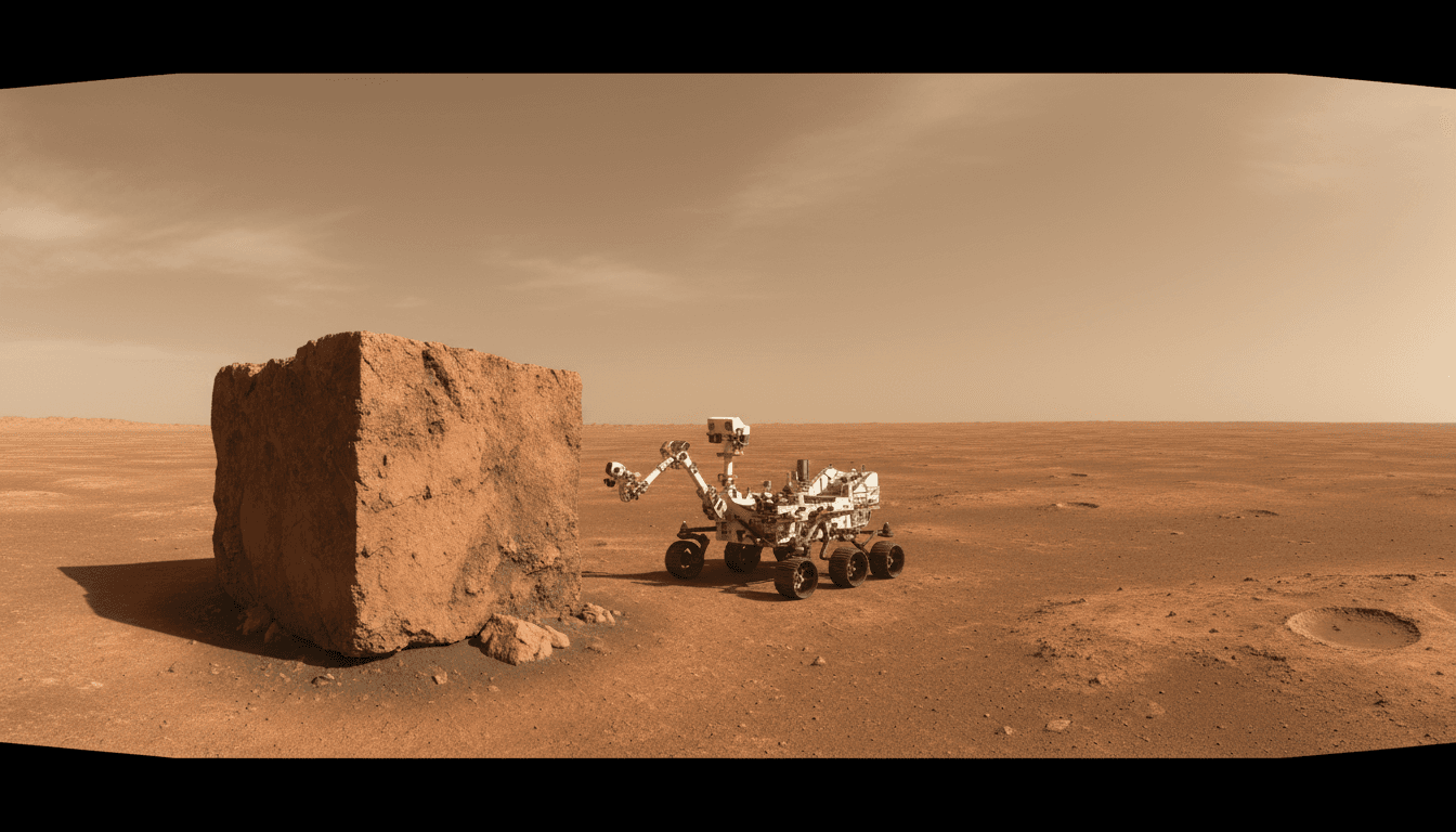 A wide shot of the Martian landscape showing the 'Square on Mars' formation in the foreground, with a NASA rover in the mid-ground. The 'Square on Mars' appears as a distinct, angular rock formation amidst an otherwise rugged, reddish-brown terrain under a hazy Martian sky.