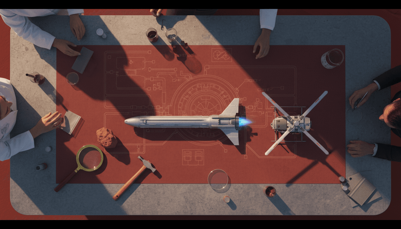 A detailed illustration of NASA’s first nuclear-powered spacecraft in deep space, with miniature helicopters visible in a deployment bay.