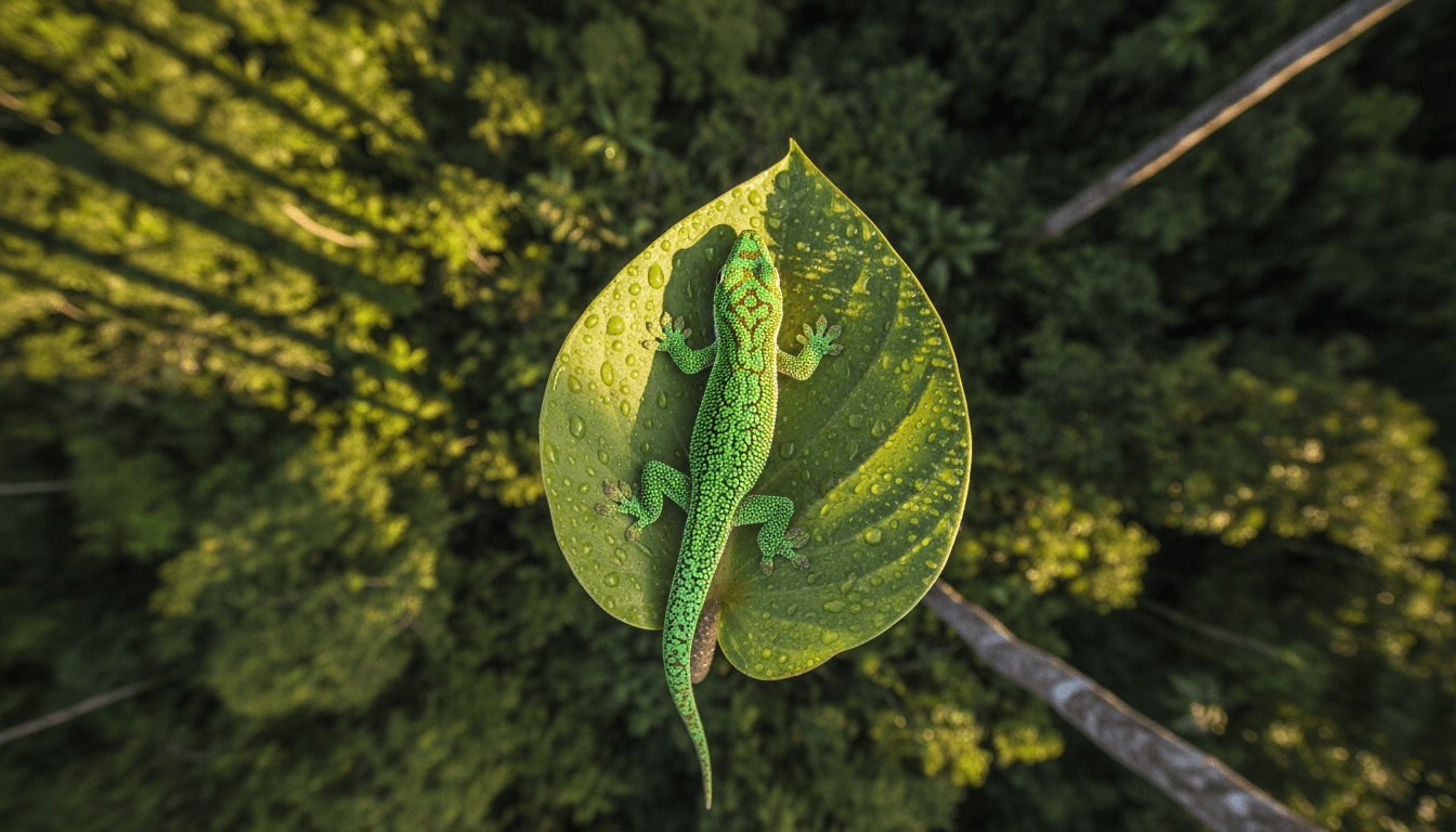 A vibrant illustration of a new gecko species discovered in Tripura, perched on a tropical leaf amidst lush green foliage.
