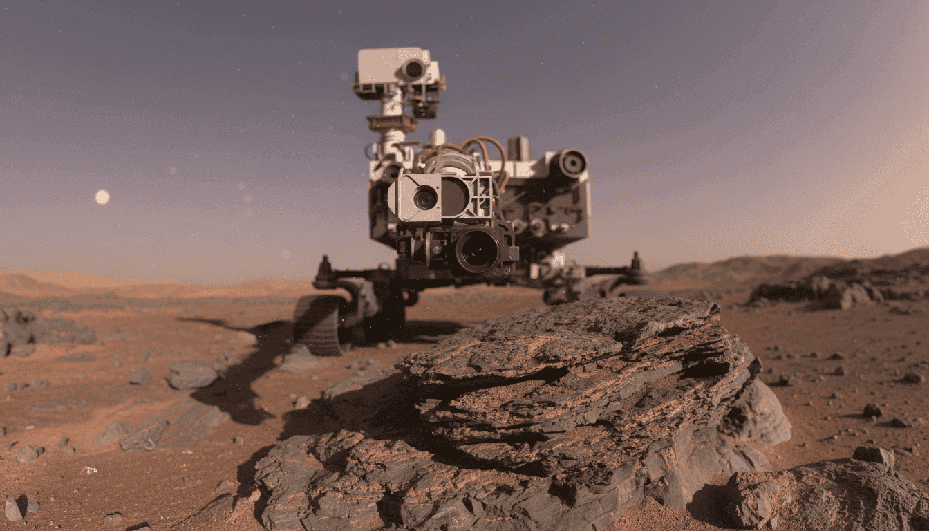 Mars Perseverance Navcam captures a panoramic view of the Martian landscape on Sol 1820, showing the rover's tracks and distant geological features.
